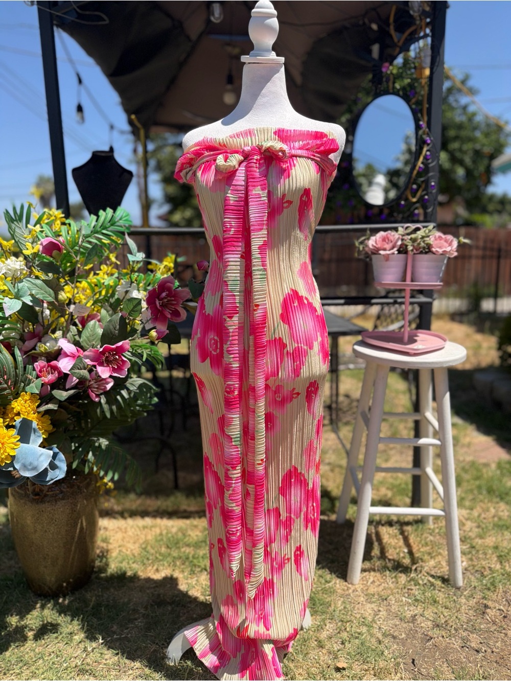 Othr Strapless Cream Maxi Dress with Pink Floral Print